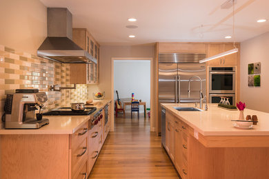 サンフランシスコにあるコンテンポラリースタイルのおしゃれなキッチン (淡色木目調キャビネット、御影石カウンター、マルチカラーのキッチンパネル、セラミックタイルのキッチンパネル、シルバーの調理設備) の写真