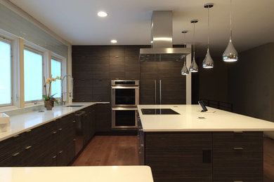 Example of a mid-sized trendy u-shaped medium tone wood floor eat-in kitchen design in Other with an undermount sink, flat-panel cabinets, dark wood cabinets, quartz countertops, white backsplash, glass tile backsplash, stainless steel appliances and an island