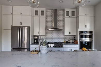 Mid-sized transitional galley open concept kitchen photo in Other with shaker cabinets, white cabinets, marble countertops, white backsplash, subway tile backsplash, stainless steel appliances and an island