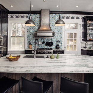Design ideas for a mid-sized victorian l-shaped eat-in kitchen in Other with with island, an undermount sink, beaded inset cabinets, black cabinets, marble benchtops, porcelain splashback, stainless steel appliances, marble floors, multi-coloured floor, blue splashback and turquoise benchtop.