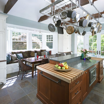 Interior view of kitchen with custom pot rack