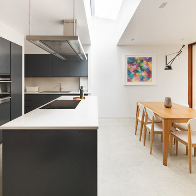 Inspiration for a mid-sized modern concrete floor and gray floor eat-in kitchen remodel in London with a double-bowl sink, flat-panel cabinets, black cabinets, stainless steel appliances and an island