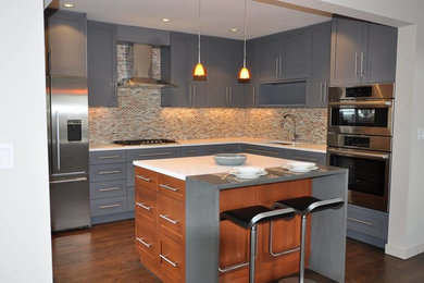 Mid-sized trendy l-shaped dark wood floor eat-in kitchen photo in New York with an undermount sink, shaker cabinets, gray cabinets, quartz countertops, multicolored backsplash, ceramic backsplash, stainless steel appliances and an island