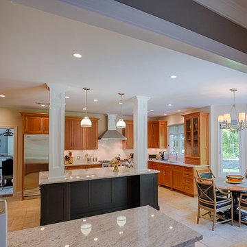 Island modification, columns, Salinas White Granite, Herringbone tile