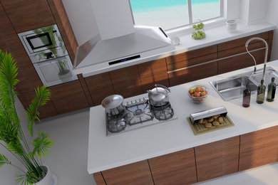 Modelo de cocina moderna grande con electrodomésticos de acero inoxidable y una isla