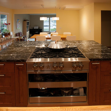 Island with Bluestar range, custom stainless steel cabinet with pull out shelves