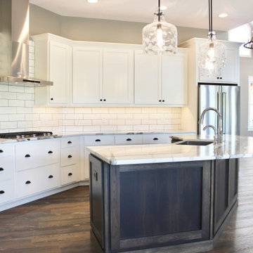 Ivory Painted Cabinet Kitchen with Gray Stained Hickory Island in Rural Illinois