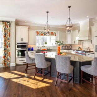 Traditional kitchen pictures - Example of a classic l-shaped dark wood floor and brown floor kitchen design in Richmond with an undermount sink, raised-panel cabinets, beige cabinets, beige backsplash, paneled appliances, an island and beige countertops