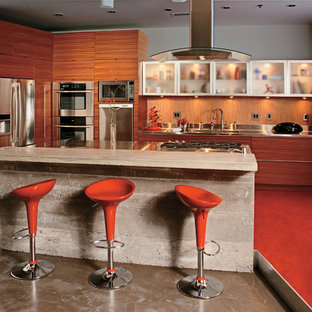Photo of a contemporary kitchen in Chicago with concrete benchtops, stainless steel appliances and orange floor.