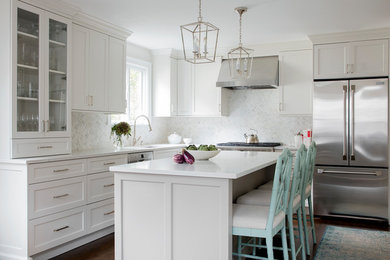 ボストンにあるトランジショナルスタイルのおしゃれなキッチン (シェーカースタイル扉のキャビネット、白いキャビネット、シルバーの調理設備、濃色無垢フローリング、茶色い床、窓) の写真
