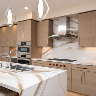 Mid-sized contemporary eat-in kitchen ideas - Eat-in kitchen - mid-sized contemporary galley porcelain tile and brown floor eat-in kitchen idea in San Francisco with an undermount sink, flat-panel cabinets, brown cabinets, quartz countertops, multicolored backsplash, stainless steel appliances, an island and multicolored countertops