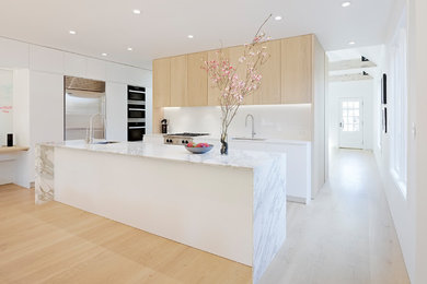 Mid-sized minimalist l-shaped light wood floor and beige floor open concept kitchen photo in San Francisco with an undermount sink, flat-panel cabinets, light wood cabinets, marble countertops, white backsplash, stainless steel appliances, an island, glass sheet backsplash and gray countertops