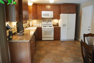 セントルイスにある低価格の中くらいなトランジショナルスタイルのおしゃれなキッチン (ドロップインシンク、フラットパネル扉のキャビネット、中間色木目調キャビネット、ラミネートカウンター、白い調理設備、リノリウムの床、アイランドなし) の写真