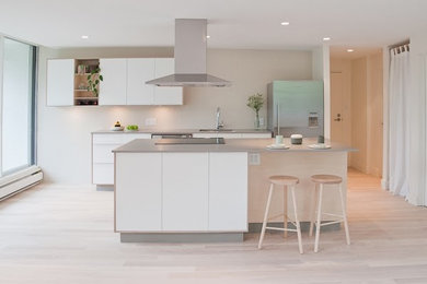 Inspiration for a medium sized modern galley open plan kitchen in Vancouver with a submerged sink, flat-panel cabinets, white cabinets, stainless steel appliances, light hardwood flooring and an island.