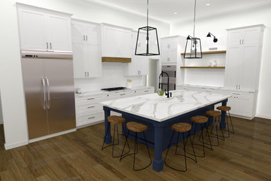 ジャクソンビルにある高級な広いトランジショナルスタイルのおしゃれなキッチン (エプロンフロントシンク、シェーカースタイル扉のキャビネット、青いキャビネット、珪岩カウンター、白いキッチンパネル、セラミックタイルのキッチンパネル、シルバーの調理設備、無垢フローリング、茶色い床、白いキッチンカウンター) の写真