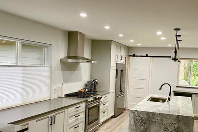 Example of a mid-sized trendy single-wall vinyl floor and gray floor eat-in kitchen design in Seattle with an undermount sink, recessed-panel cabinets, gray cabinets, quartz countertops, stainless steel appliances, an island and gray countertops