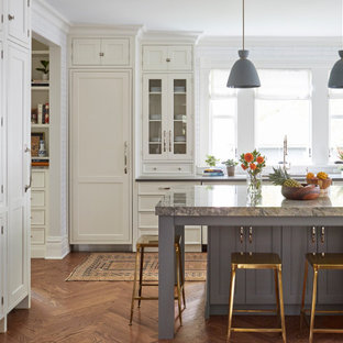 Transitional kitchen ideas - Example of a transitional l-shaped medium tone wood floor and brown floor kitchen design in Chicago with an undermount sink, recessed-panel cabinets, white cabinets, paneled appliances, an island and gray countertops