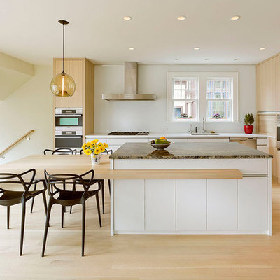 Inspiration for a scandinavian eat-in kitchen remodel in Minneapolis with flat-panel cabinets, light wood cabinets and stainless steel appliances