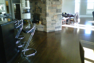 Example of a large transitional dark wood floor kitchen design in Toronto