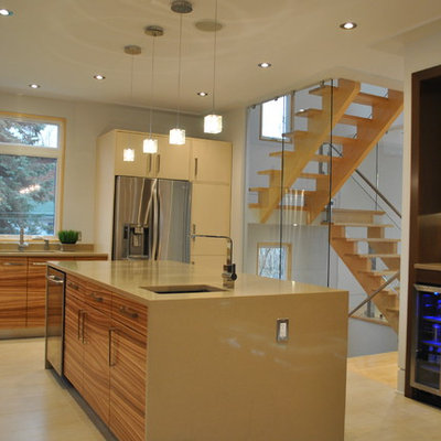 Enclosed kitchen - contemporary l-shaped enclosed kitchen idea in Ottawa with stainless steel appliances, an undermount sink, flat-panel cabinets and yellow cabinets