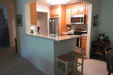 Small transitional galley vinyl floor and brown floor enclosed kitchen photo with an undermount sink, raised-panel cabinets, light wood cabinets, quartz countertops, beige backsplash, glass tile backsplash, stainless steel appliances, no island and beige countertops