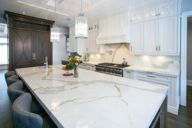 Inspiration for a large transitional kitchen remodel in Toronto with beaded inset cabinets, white cabinets, stainless steel appliances and an island