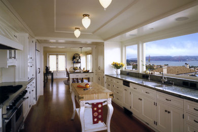 サンフランシスコにあるトラディショナルスタイルのおしゃれなキッチン (パネルと同色の調理設備、ダブルシンク、白いキャビネット) の写真