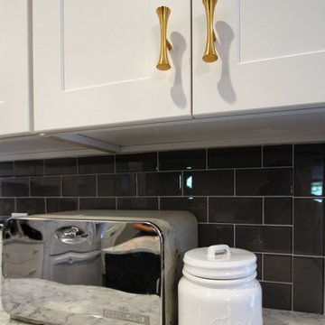 Kitchen Accents - glass gray subway tile, brushed brass hardware white shake