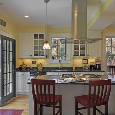 Inspiration for a timeless kitchen remodel in DC Metro with raised-panel cabinets, white cabinets and black backsplash