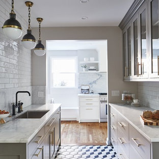 Mid-sized transitional galley kitchen pantry in Cleveland with an undermount sink, marble benchtops, white splashback, marble splashback, panelled appliances, white benchtop, recessed-panel cabinets, grey cabinets, multi-coloured floor and porcelain floors.