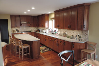 Foto de cocina minimalista grande con armarios con paneles con relieve y una isla