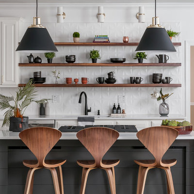 Example of a mid-sized minimalist l-shaped dark wood floor and brown floor eat-in kitchen design in Atlanta with open cabinets, dark wood cabinets, quartzite countertops, white backsplash, an island, white countertops, a drop-in sink, ceramic backsplash and stainless steel appliances