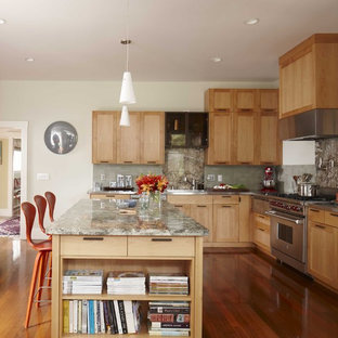Transitional kitchen designs - Kitchen - transitional l-shaped kitchen idea in San Francisco with stainless steel appliances, granite countertops, shaker cabinets, light wood cabinets and gray backsplash