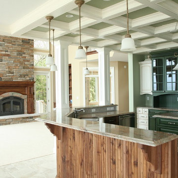Kitchen area with coffered ceiling