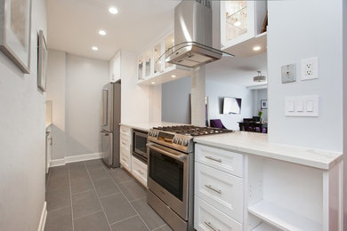 Mid-sized minimalist galley slate floor and gray floor enclosed kitchen photo in New York with an undermount sink, recessed-panel cabinets, white cabinets, quartzite countertops, beige backsplash, ceramic backsplash, stainless steel appliances, no island and white countertops