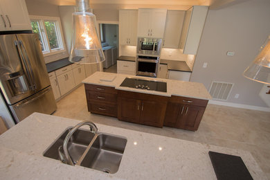 Inspiration for a mid-sized contemporary u-shaped ceramic tile and beige floor eat-in kitchen remodel in Raleigh with an undermount sink, shaker cabinets, white cabinets, quartz countertops, white backsplash, stone tile backsplash, stainless steel appliances, two islands and white countertops