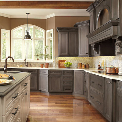 Elegant kitchen photo in Other with recessed-panel cabinets, gray cabinets, multicolored backsplash and white countertops