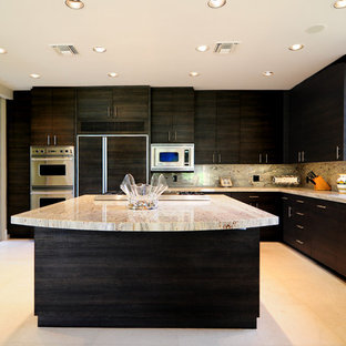 Photo of an expansive modern l-shaped eat-in kitchen in Other with an undermount sink, flat-panel cabinets, black cabinets, solid surface benchtops, multi-coloured splashback, stone slab splashback, stainless steel appliances, ceramic floors and with island.