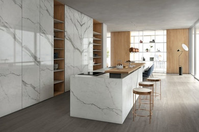 Inspiration for a contemporary gray floor kitchen remodel in New York with an island and white countertops