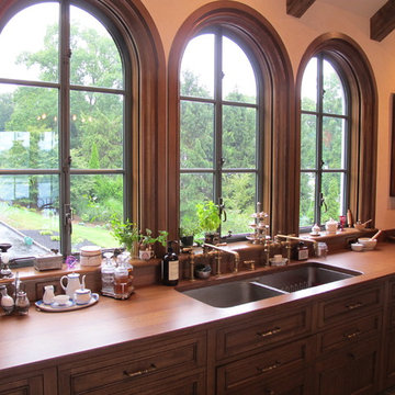 Kitchen counter by Sarah Blank Design Studio with arched top metal windows