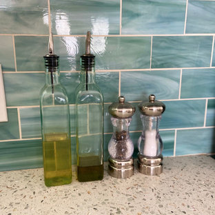 Kitchen countertops featuring Curava recycled glass surfaces in Savaii