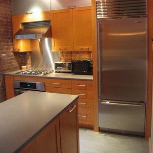 Mid-sized contemporary eat-in kitchen pictures - Inspiration for a mid-sized contemporary u-shaped linoleum floor and gray floor eat-in kitchen remodel in New York with an undermount sink, shaker cabinets, medium tone wood cabinets, quartz countertops, red backsplash, stainless steel appliances, an island, brick backsplash and gray countertops