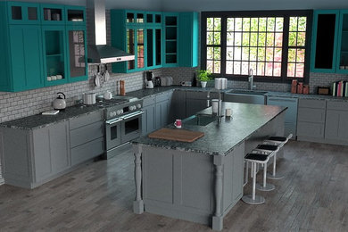 Kitchen Design with 2 farm sinks with different color cabinetry