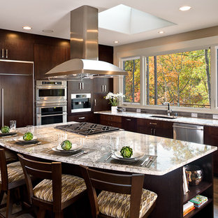 Kitchen - contemporary l-shaped kitchen idea in Other with granite countertops, flat-panel cabinets, dark wood cabinets, gray backsplash and stainless steel appliances