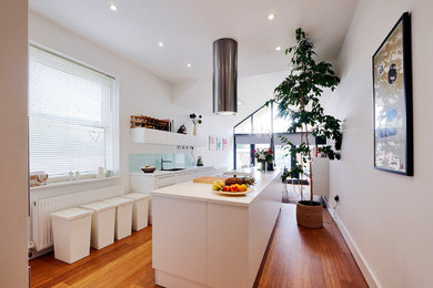 This is an example of a medium sized contemporary kitchen/diner in Other with a double-bowl sink, flat-panel cabinets, white cabinets, green splashback, glass sheet splashback, stainless steel appliances, bamboo flooring, an island, soapstone worktops and brown floors.