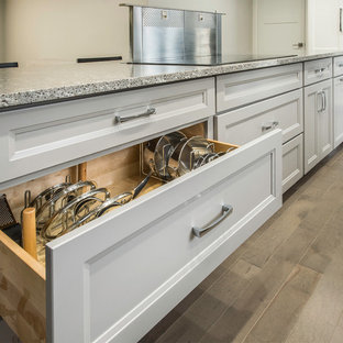 Mittelgroße, Offene Klassische Küche in L-Form mit Unterbauwaschbecken, Schrankfronten im Shaker-Stil, grauen Schränken, Quarzit-Arbeitsplatte, Küchenrückwand in Grau, braunem Holzboden, Halbinsel, Rückwand aus Mosaikfliesen und Elektrogeräten mit Frontblende in Toronto