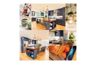 Example of a large classic l-shaped open concept kitchen design in Atlanta with an undermount sink, shaker cabinets, blue cabinets, wood countertops, gray backsplash, ceramic backsplash, stainless steel appliances, an island and brown countertops