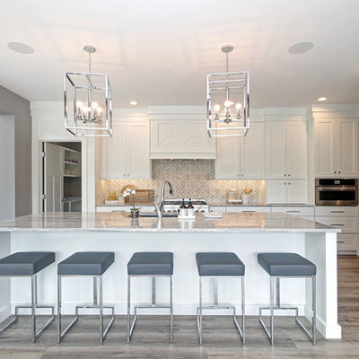 Inspiration for a transitional light wood floor kitchen remodel in Grand Rapids with an undermount sink, shaker cabinets, white cabinets, gray backsplash, stainless steel appliances, an island and gray countertops