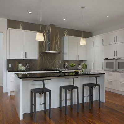 Kitchen - contemporary galley kitchen idea in Detroit with metallic backsplash, metal backsplash, white cabinets, flat-panel cabinets and an undermount sink