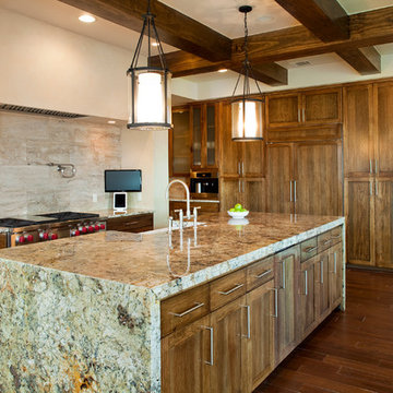 Kitchen exposed beams waterfall granite countertops